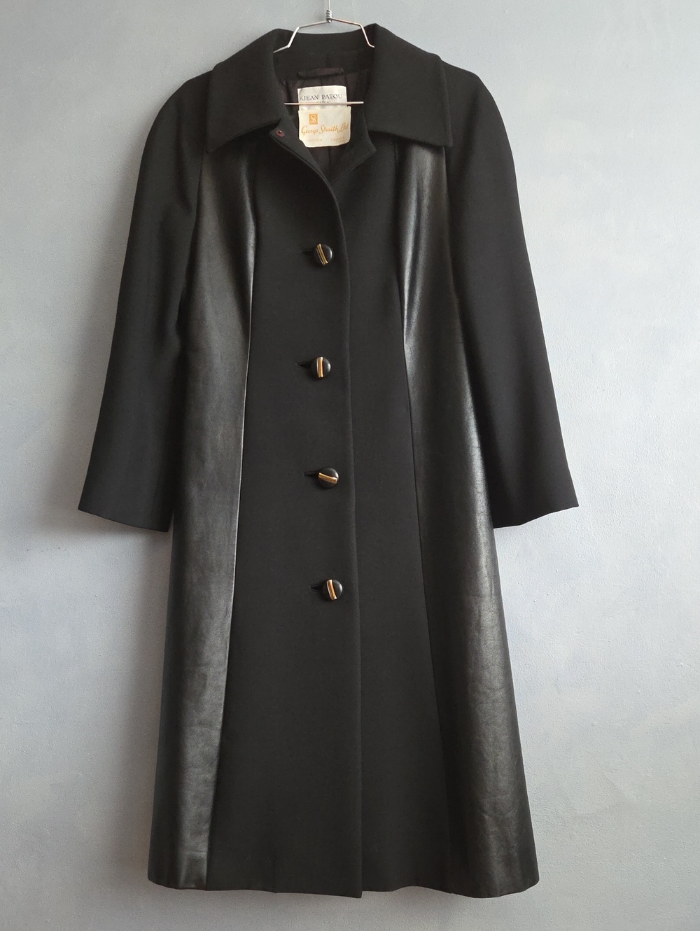 JEAN PATOU VINTAGE BLACK PANEL LEATHER, WOOL COAT, US 8, UN-WORN